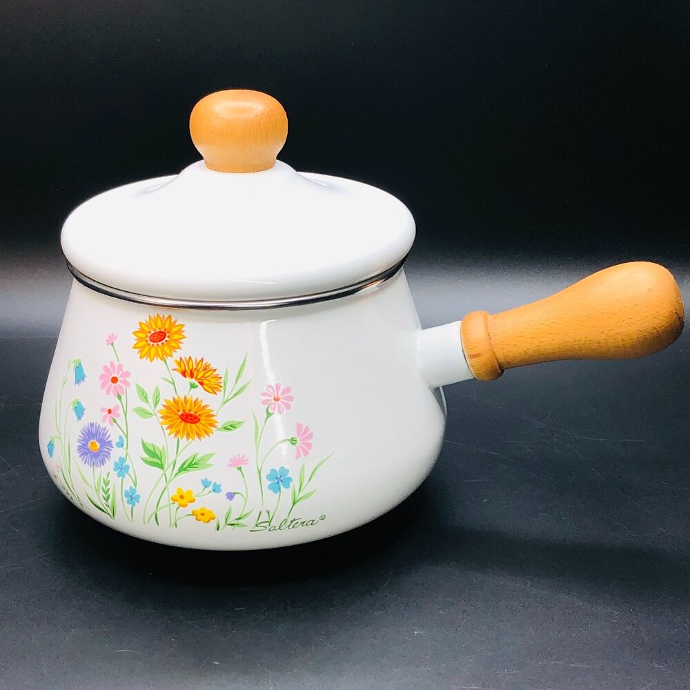 80s Saltera Pastel Country Wildflowers Enamel Fondue Pot Wood Handle Knob